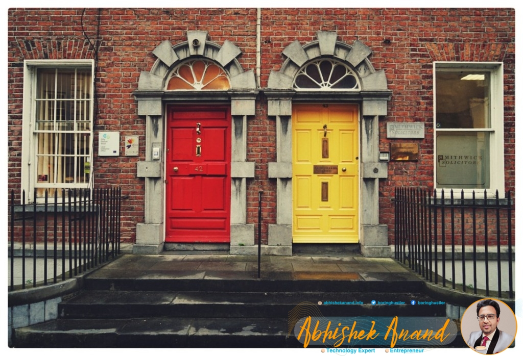 two yellow and red wooden doors